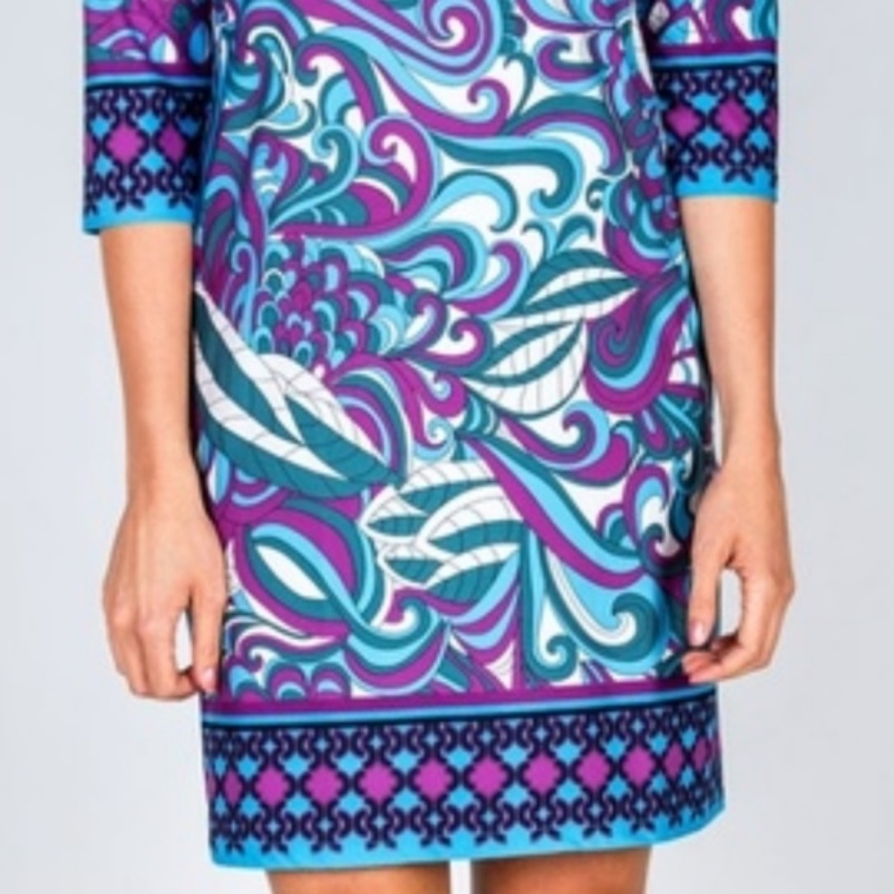 3/4 Length Sleeve Blue Orchid Swirl Petals Dress - Picture 4 of 5